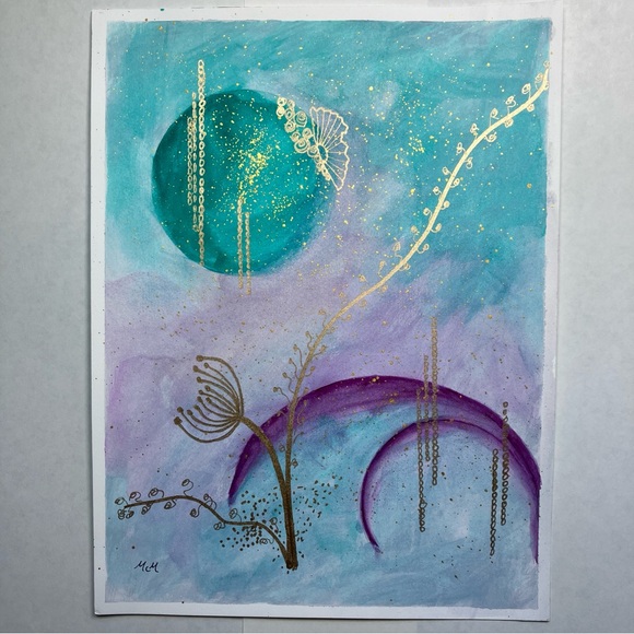 Abstract Original Watercolor Gold Leaf Floral Green & Purple Painting, 9x12 - Picture 2 of 12